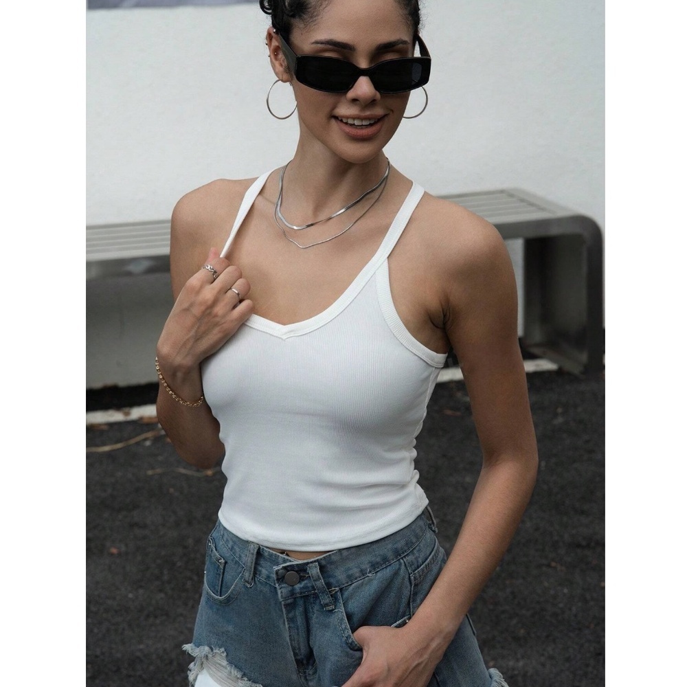 White Ribbed Tank Top Racerback V-Neck Slim Fit Stretchy Basic - Picture 14 of 15